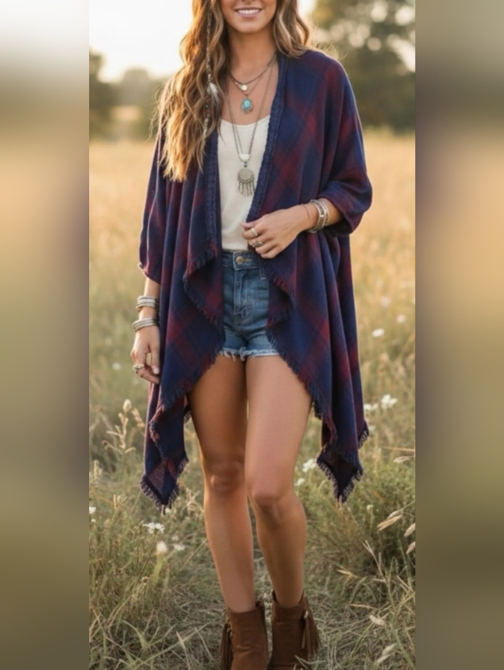 Knox Rose 100% Rayon Navy & Burgundy Plaid Open Front Poncho/Cardigan XXL
